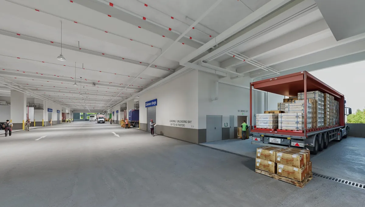 Artist's impression of a 40-footer container truck at a production unit loading bay