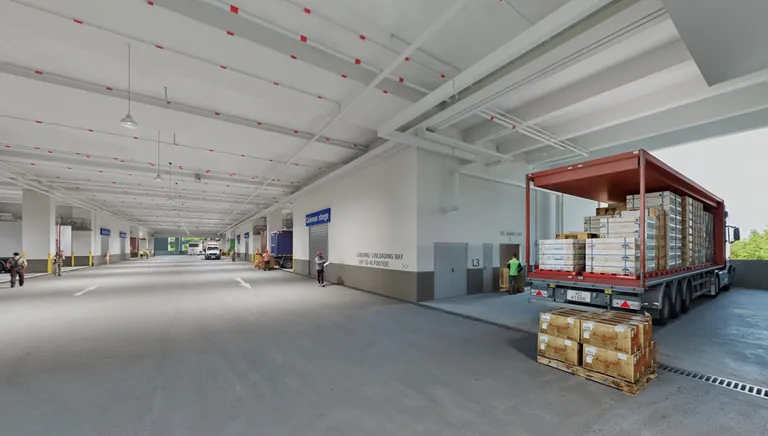 Artist's impression of a 40-footer container truck at a production unit loading bay