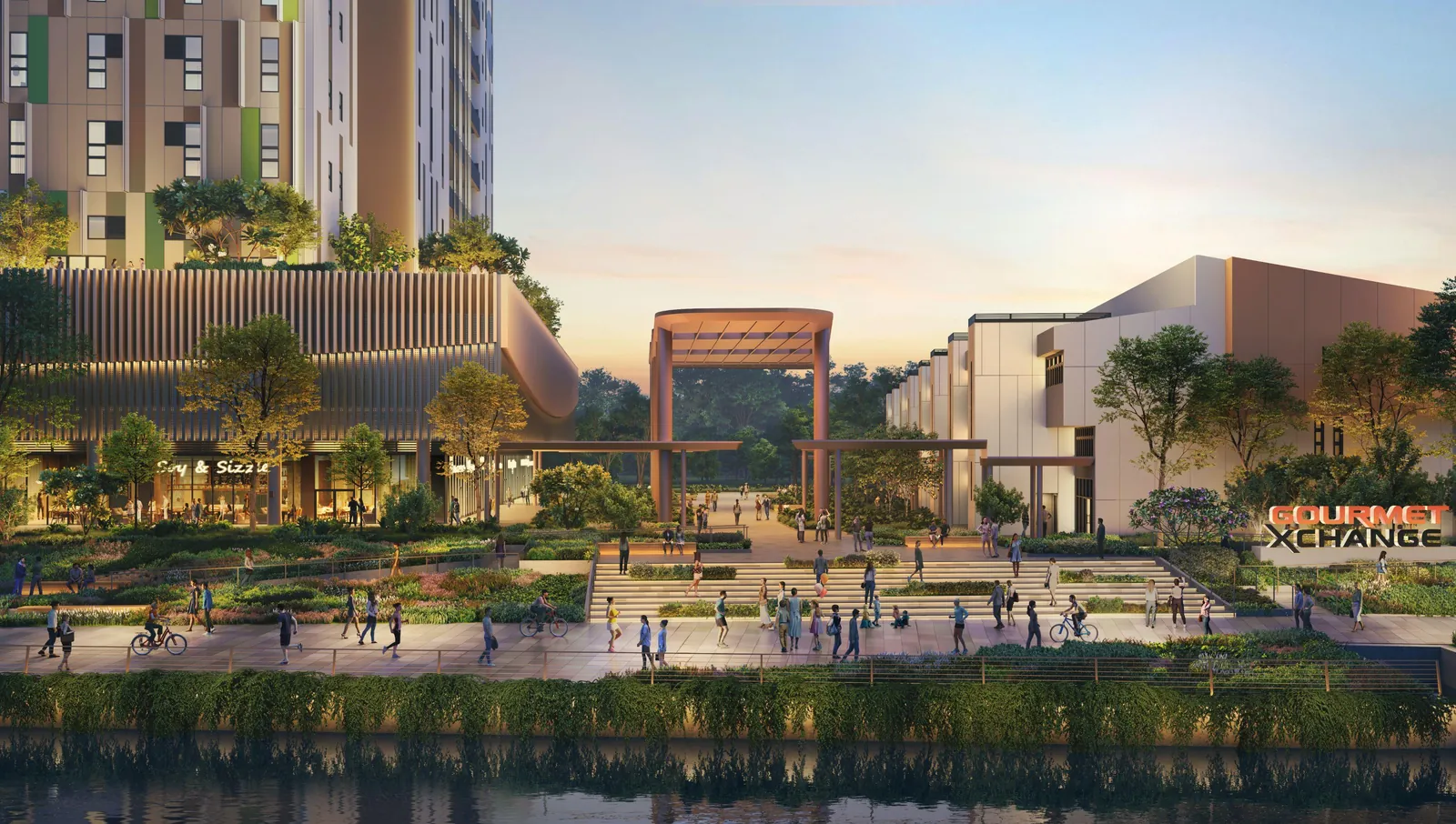 Artist's impression of the Central Plaza and River Promenade at dusk