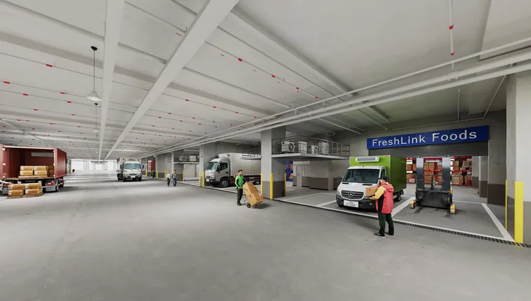 Artist's impression of rigid-frame trucks at production unit loading lots
