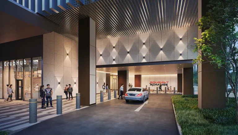 Artist's impression of the main entrance drop-off and lobby in the evening