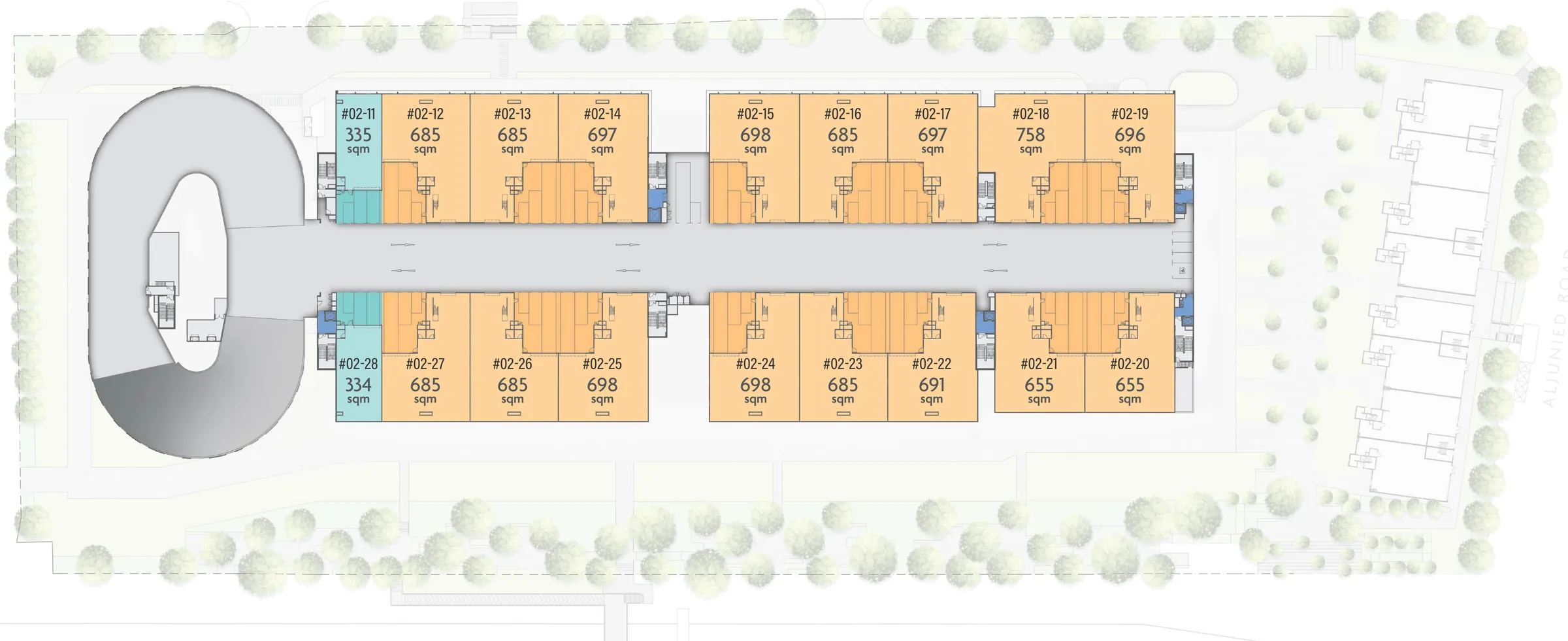 Gourmet Xchange The Xchange unit key plan, 2nd storey, with unit numbers and areas in sqm