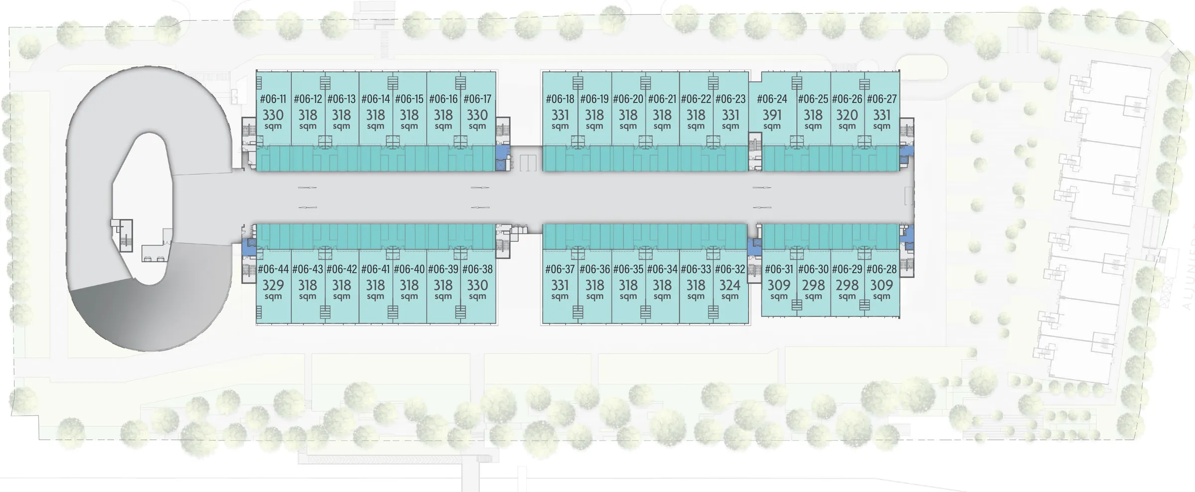 Gourmet Xchange The Xchange unit key plan, 6th storey, with unit numbers and areas in sqm