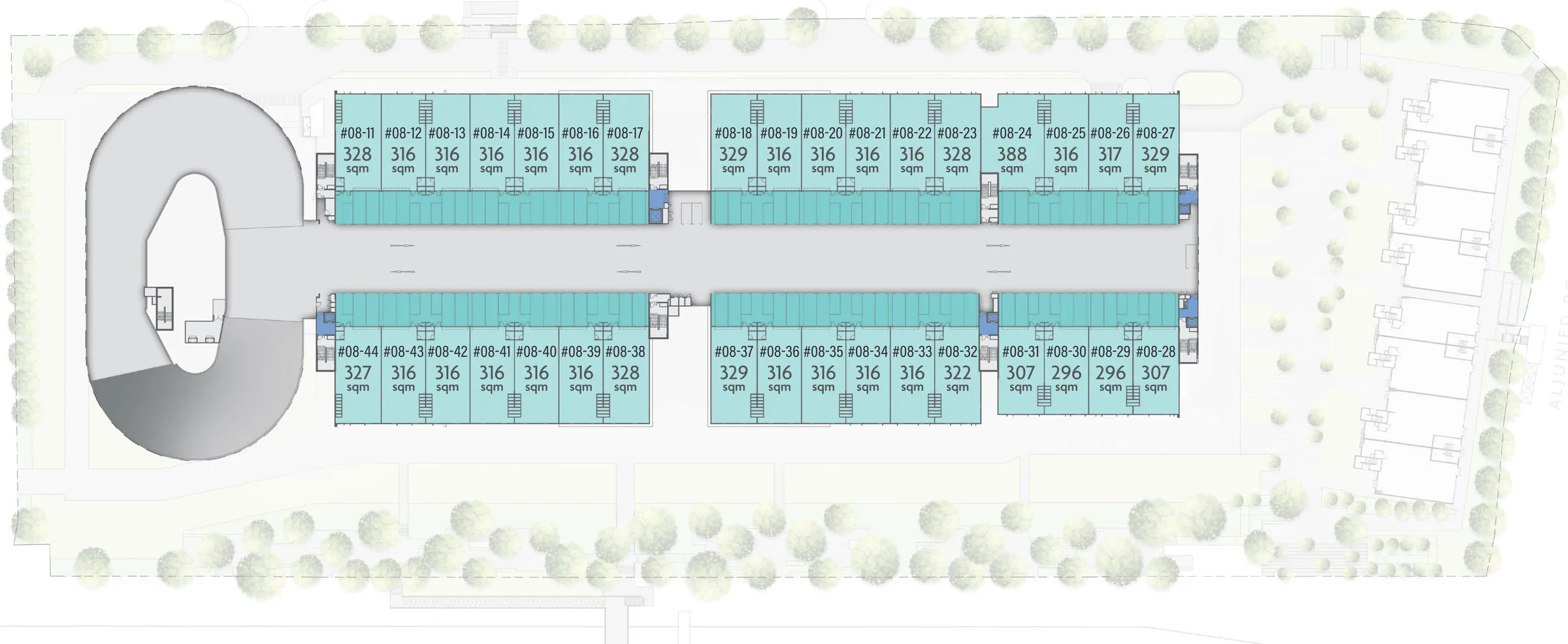 Gourmet Xchange The Xchange unit key plan, 8th storey, with unit numbers and areas in sqm